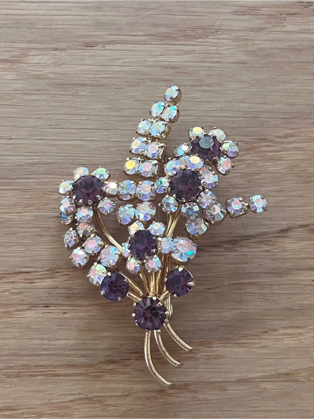 Gold-Tone Floral Crystal Brooch with Purple and Aurora Borealis Stones